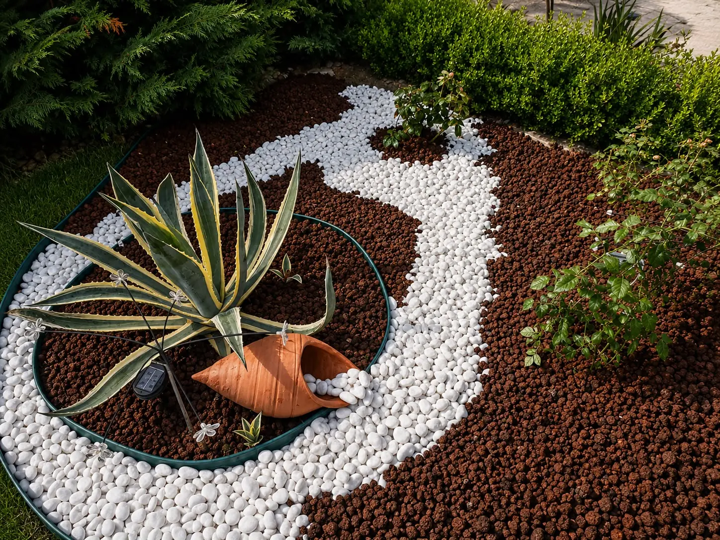 Agave ve güllerle hazırlanmış dekoratif taş bitki adası